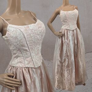 Vintage 1990s Jessica McClintock Gown Corset Pink Floral Maxi Dress Prom Size 8